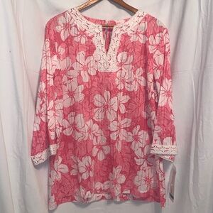 NWT Alfred Dunner women size 16 pink and white floral 3/4 sleeve top shirt vneck